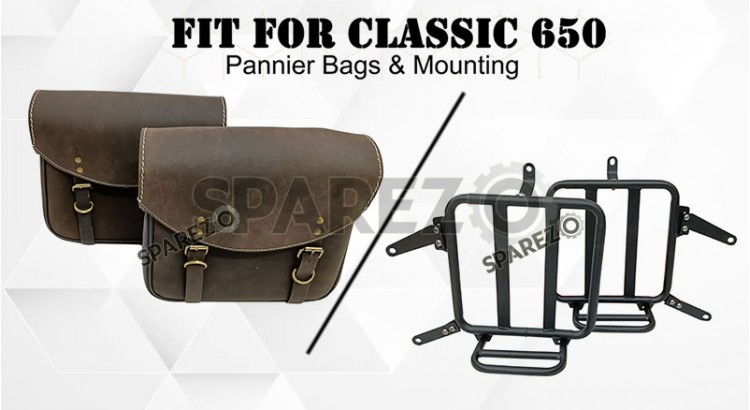 For Royal Enfield Classic 650 Genuine Leather Pannier Bags Rusty Brown With Mounting - SPAREZO